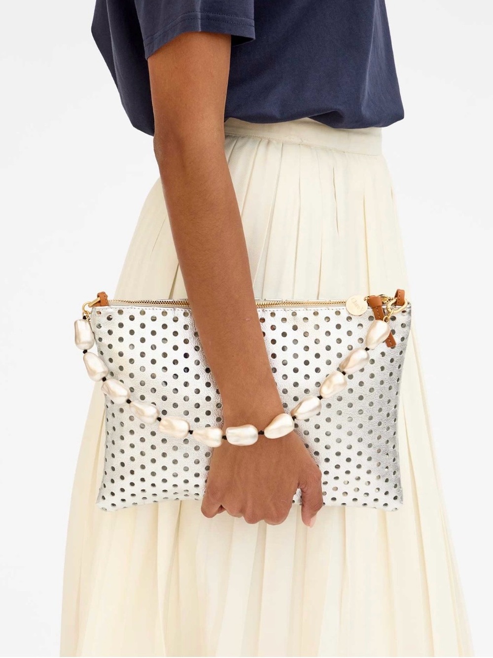 Clare V Silver Perforated Leather Flat Clutch w/ Tabs
